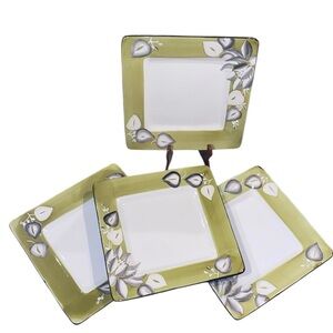 Set of 4 Laurie Gates Square Green and White Floral 11.5” Dinner Plates